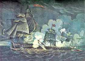 Peinture représentant deux navires en pleine bataille. Celle-ci se déroule dans l'obscurité. Le HMS Little Belt est sur la droite, nettement plus petit que l'USS President situé sur la gauche, entre les deux navires de grands panaches de fumée dus aux tirs de canons.