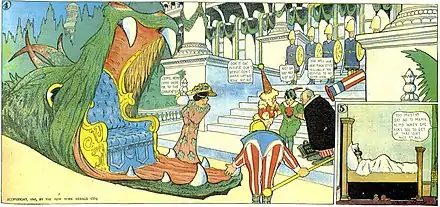 Case d'une bande dessinée en couleurs où un personnage descend de la bouche d'un animal fantastique pour monter un escalier d'un palais.