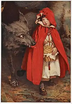 Dessin d'une fillette encapuchonnée de rouge, un panier à la main, qu'un loup escorte étroitement.