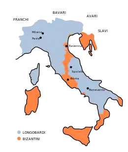 Carte des possessions byzantines en Italie vers 750.