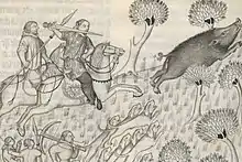 Illustration en noir et blanc de deux hommes chassant le sanglier.
