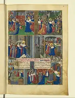 Six scènes représentant saint Louis, quatre au-dessus du texte, deux en-dessous.