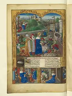 Différentes scènes présentant le roi saint Louis sauvant des blessés et priant.