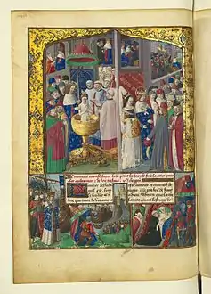 Scènes de baptême, procession royale en haut de page, débarquement et mort sous la tente en bas.