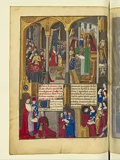 Grande scène de prière devant le tombeau, avec le cardinal recevant son ouvrage en bas à gauche.