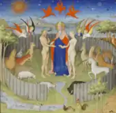Au milieu d'un bestiaire, Dieu portant robe et la tête auréolée rapproche les mains de deux personnages, homme et femme, nus.