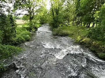 La Lizonne au pont marquant la limite entre Vendoire (RD 102, Dordogne, à gauche) et Gurat (RD 81, Charente).