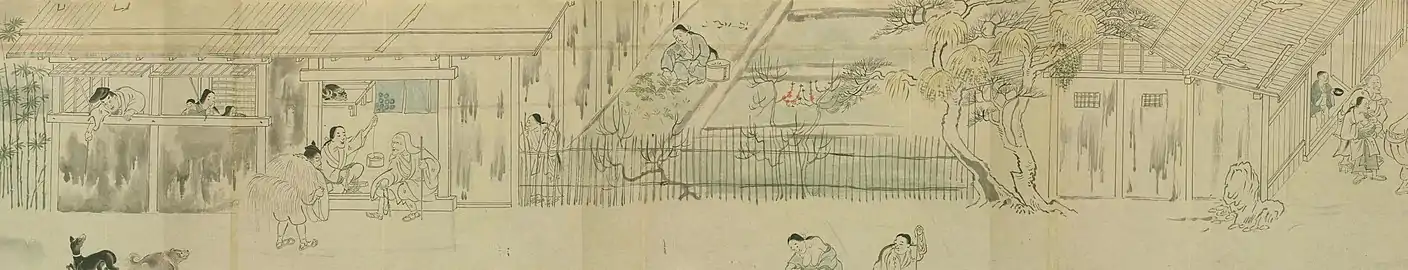 La vie d'une rue à l'époque. Copie des Rouleaux des légendes du mont Shigi. H 31,8 cm. Milieu du XIIe siècle.