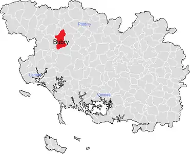 Carte représentant par des couleurs différentes l'emplacement d'une commune au sein de son département.