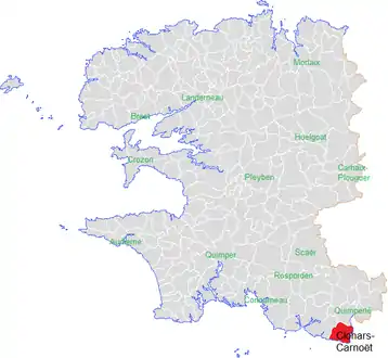 Carte représentant par des couleurs différentes l'emplacement d'une commune au sein de son département.