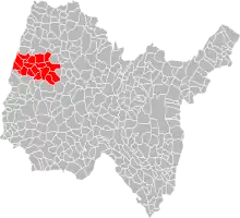 Carte des communes de l'Ain faisant apparaître en rouge celles faisant partie de la communauté de communes de la Veyle.