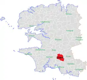 Carte représentant par des couleurs différentes l'emplacement d'une commune au sein de son département.