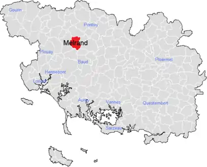 Carte représentant par des couleurs différentes l'emplacement d'une commune au sein de son département.