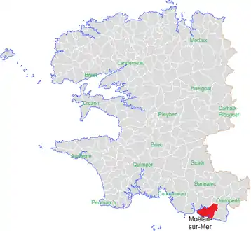 Carte représentant par des couleurs différentes l'emplacement d'une commune au sein de son département.