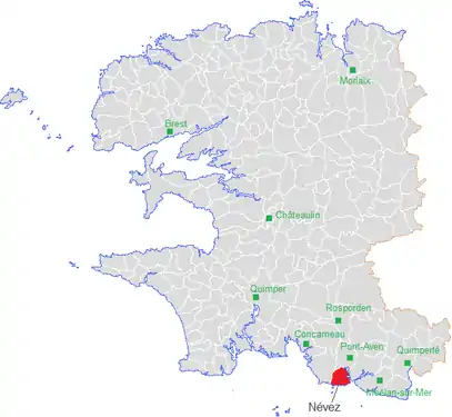 Carte représentant par des couleurs différentes l'emplacement d'une commune au sein de son département.