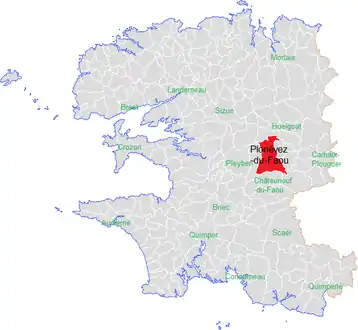 Carte représentant par des couleurs différentes l'emplacement d'une commune au sein de son département.