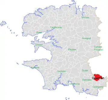 Carte représentant par des couleurs différentes l'emplacement d'une commune au sein de son département.