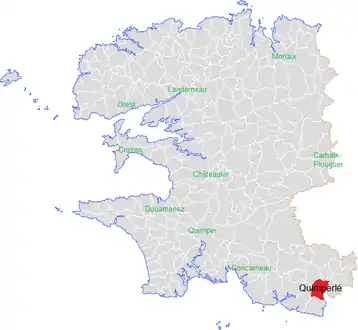 Carte représentant par des couleurs différentes l'emplacement d'une commune au sein de son département.