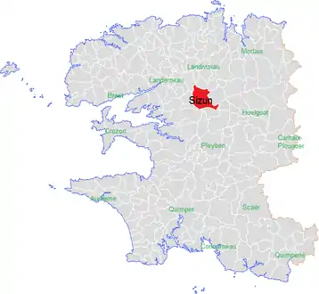 Carte représentant par des couleurs différentes l'emplacement d'une commune au sein de son département.