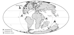 Carte du monde au Crétacé inférieur, montrant les différents sites où les fossiles de Cardabiodon ont été trouvés.
