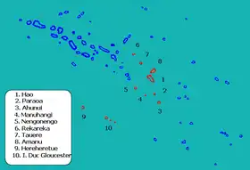 Localisation (9 et 10) des îles du Duc de Gloucester sur la carte des Tuamotus.