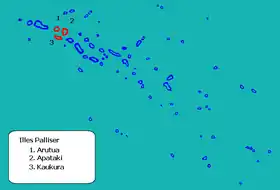 Les îles Palliser au nord-ouest de l’archipel des Tuamotu. Les atolls figurés en rouge sont ceux du groupe central situés sur la commune d'Arutua.