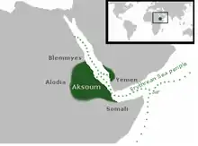 Carte montrant le royaume d'Aksoum en vert sur fond gris.