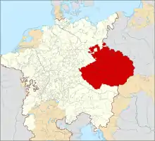 Pays tchèques, en tant que territoires de la couronne de Bohême (en rouge), au XVIIe siècle au sein du Saint Empire romain germanique.