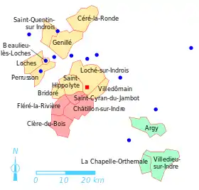 Carte en couleurs représentant une mosaïque de communes, légende détaillée ci-dessous.