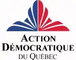 Fleur bleue et rouge avec « Action démocratique du Québec » inscrit au-dessous.