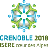 Logo représentant en flocon de neige vert et bleu avec les inscriptions GRENOBLE 2018 ISÈRE cœur des Alpes.