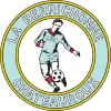 Logo rond avec un footballeur en action entouré d'un cercle bleu ciel avec le nom du club à l'intérieur.