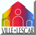 Illustration en couleurs représentant la façade d'une église, avec l'inscription « VILLE DE LESCAR »