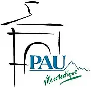 Logo représentant un bâtiment stylisé au trait noir ; légende bleu et vert-bleu : Pau ville authentique.
