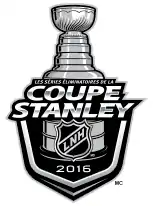 Dessin stylisé de la Coupe Stanley qui surmonte les mots « Stanley Cup Playoffs » et « NHL 2016 »