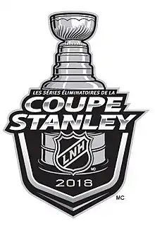 Dessin stylisé de la Coupe Stanley qui surmonte les mots "Les séries éliminatoires de la Coupe Stanley" et "LNH 2018"