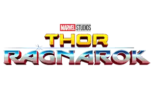 Sur une première ligne, le logo "MARVEL STUDIOS" en petit. Sur une 2e, le mot "THOR" en jaune. Sur une 3e, le mot "RAGNAROK" en bleu tirant vers le rouge en bas des lettres avec des traits horizontaux à partir de la moitié de leur hauteur.