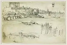 Reproduction d'un dessin sur parchemin du dix-septième siècle représentant un paysage de Loire avec le château de Montsoreau et le château de Saumur.