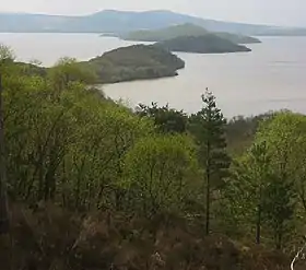 Vue de l'île (au premier plan), depuis l'île d'Inchcailloch, le 6 mai 2006.