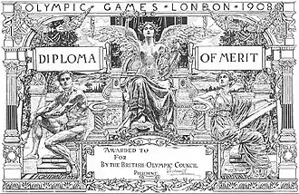 gravure noir et blanc : au centre une divinité ailée tient une couronne de laurier ; elle est entourée d'un homme et d'une femmes, assis.