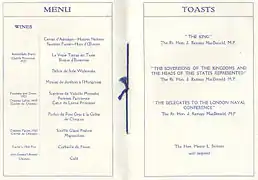 Menu lors du traité naval de Londres de 1930.