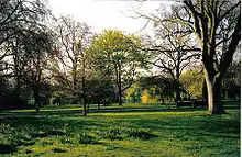 Photo du parc au début du printemps : les feuilles commencent tout juste à apparaître sur les arbres.