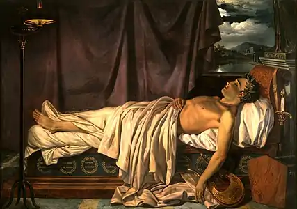tableau XIXe : un homme torse nu, allongé sur un lit aux draps blancs