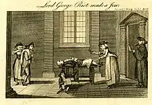 Circoncision de Lord George Gordon, protestant aux méthodes controversées, ayant pris le nom d'Yisrael bar Avraham Gordon pour vivre en tant que juif à Birmingham. (Eau-forte de 1785)