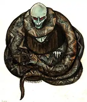 Voldemort et son serpent Nagini (interprétation au fusain, aquarelles et acryliques).