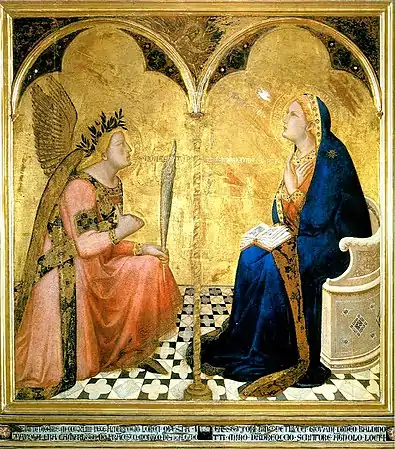 Peinture. Sur un fond doré, l'ange présente une palme à Marie, tous deux reposant sur un carrelage en perspective.