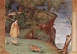 Sainte Brigitte protégeant un troupeau de moutons d'un sanglier.
