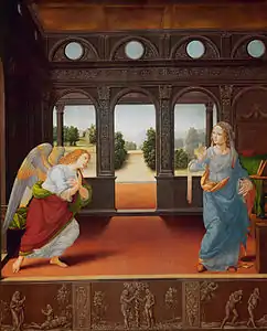 Peinture. L'ange en rouge s'adresse à Marie n bleu ; au centre, une s'allée s'éloigne perpendiculairement vers le fond.