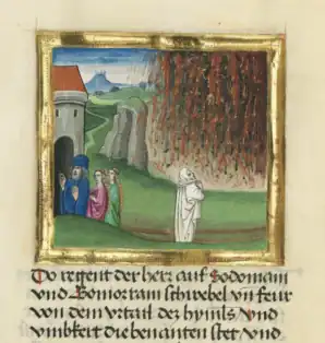 Loth et ses filles. Bible en allemand (1468-1470). Bibliothèque d'État de Bavière, Munich, Cgm 8010a, fol. 21r.