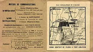 Publicité pour un lotissement à Saint-Gratien vers 1904-1905, soulignant la qualité de sa desserte en transports en commun dont sa proximité de la gare.